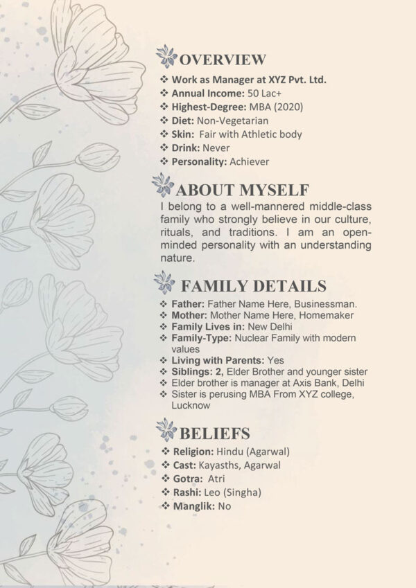 Marriage Biodata For Boy 3 Page M.S. Word Template - Elegant Flowers - page 2
