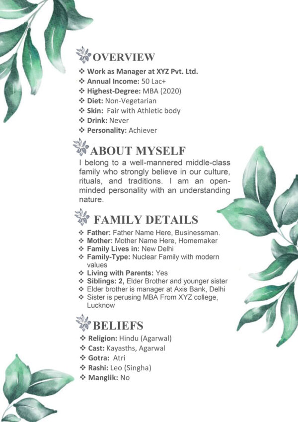 Marriage Biodata For Boy 3 Page M.S. Word Template - Leafs - page 2