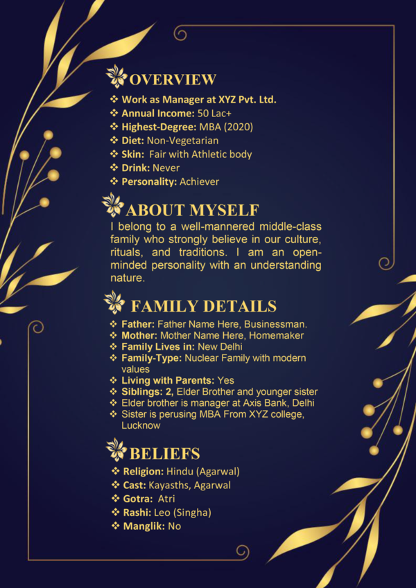 Marriage Biodata For Boy 3 Page M.S. Word Template - Golden Leaf - page 2