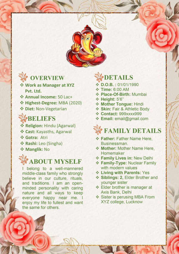 Marriage Biodata For Hindu Girl 3 Page M.S. Word Template - Diamond Flowers - page 2