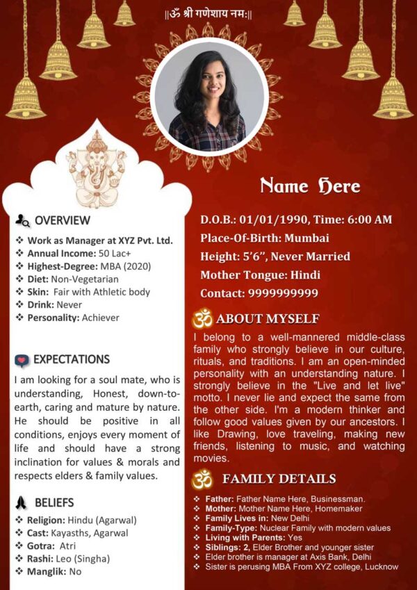 Marriage Biodata For Hindu Girl 1 Page M.S. Word Template - Bells