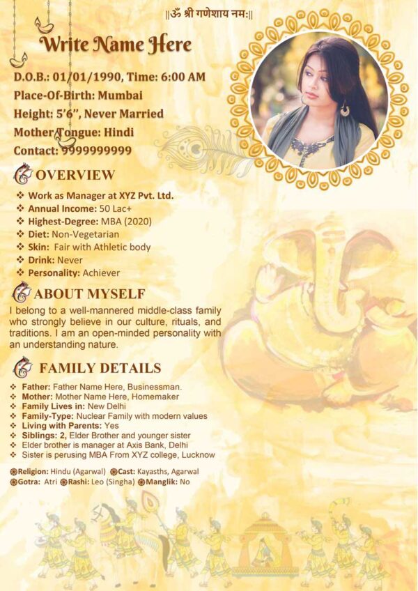 Marriage Biodata For Hindu Girl 2 Page M.S. Word Template - Baraat Special - page 1