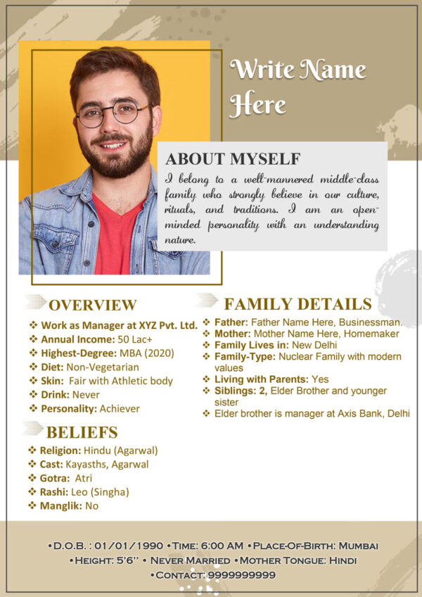 Marriage Biodata For Boy 1 Page M.S. Word Template - Info Graphics - page 1