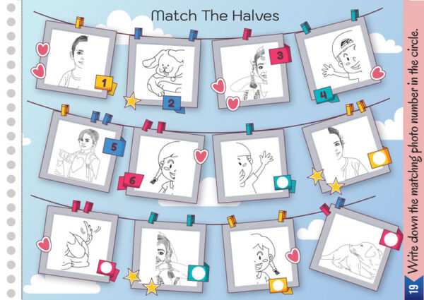 match the halves activity for kids. personal customized activity book by designing boss. learn the fun way. great book for brain development. entire book based on a photograph of your child for personal attachment. activity page -