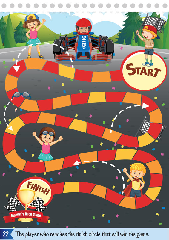 race board game for kids. personal customized activity book by designing boss. learn the fun way. great book for brain development. entire book based on a photograph of your child for personal attachment. activity page -