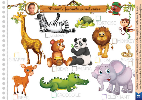 personal customized favorite animals list activity. personal customized activity book by designing boss. learn the fun way. great book for brain development. entire book based on a photograph of your child for personal attachment. activity page -