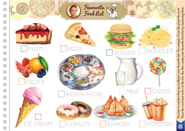 personal customized favorite food list activity. personal customized activity book by designing boss. learn the fun way. great book for brain development. entire book based on a photograph of your child for personal attachment. activity page -