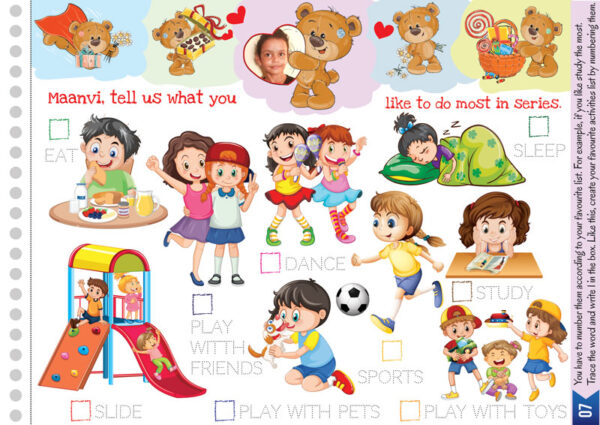 personal customized favorite activities list activity. personal customized activity book by designing boss. learn the fun way. great book for brain development. entire book based on a photograph of your child for personal attachment. activity page -
