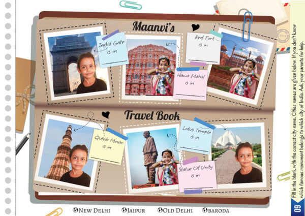 travel book for kids, places like hawa mahal, red fort, statue of unity. personal customized activity book by designing boss. learn the fun way. great book for brain development. entire book based on a photograph of your child for personal attachment. activity page -