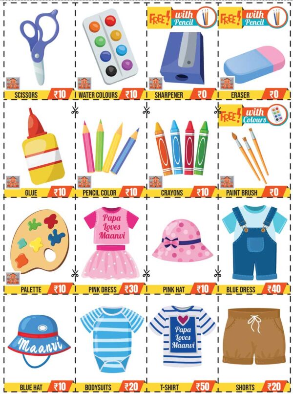 various item products of newly develop Shopping board dice game that teaches math in fun way.