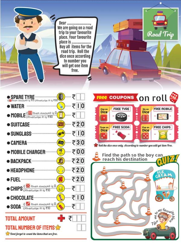 road trip task of a newly developed Shopping board dice game that teaches math in a fun way.