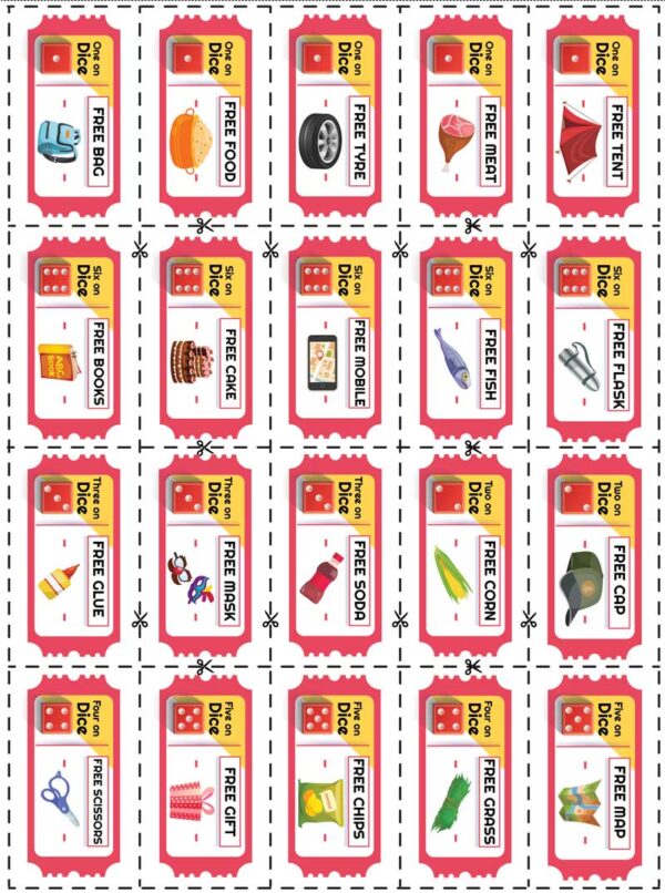 coupons of a newly developed Shopping board dice game that teaches math in a fun way.
