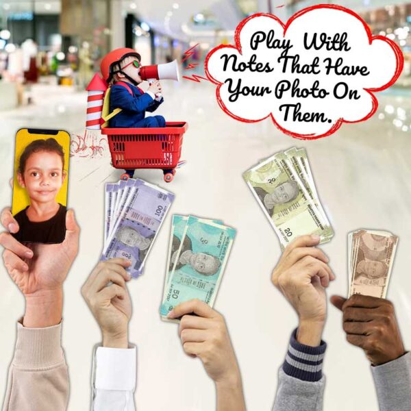 Let's Play newly develop Shopping board dice game With Notes fake paper currency That Have Your child kid Photo On Them.