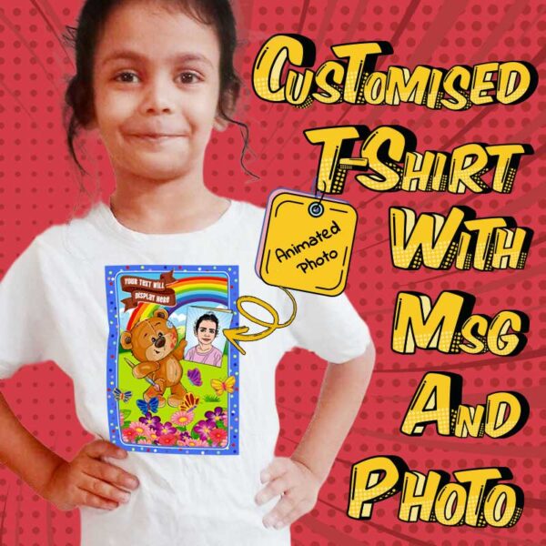 customized personal t-shirt (Painter Bear) for kids with customized message and photo, Normal photo of kid is converted to animated photo.