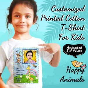 customized personal t-shirt (happy animals) for kids with customized message and photo. Kids photo will be converted to animated photo.