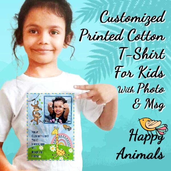 customized personal t-shirt (happy animals) for kids with customized message and photo.