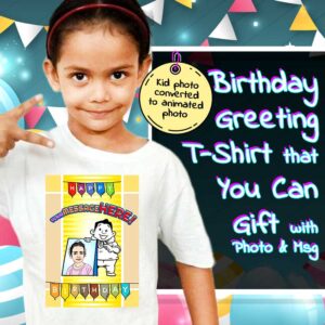 customized Birthday Greeting T-Shirt With Photo and Message for kids. Perfect gift for their birthday. Design name is scout boy. Animated face of child.