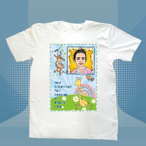 customized personal t-shirt (happy animals) for kids with customized message and photo. Kid photo converted to animated photo.