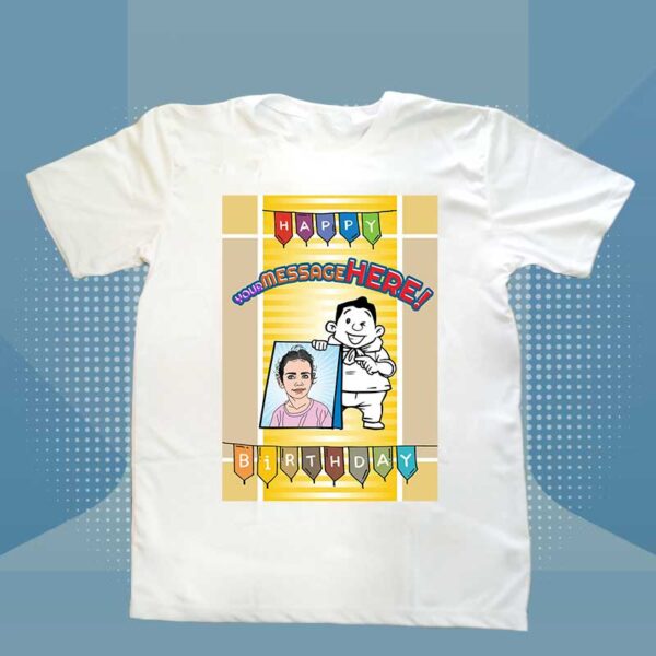 customized personal t-shirt (birthday tshirt - scout boy) for kids with customized message and photo. Kid photo converted to animated photo.