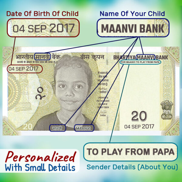 Personalized Dummy Notes - Indian Currency Note With Your Child Photo and details.