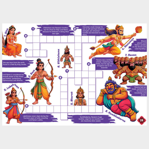 Sample activity page from 'Hanuman Chalisa for Kids' featuring a coloring activity and a crossword puzzle.