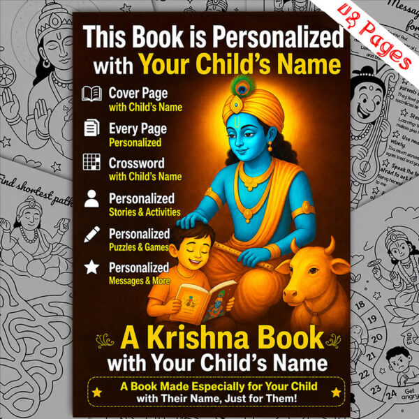 Personalized Krishna Book showing child name on cover, stories, puzzles and activities