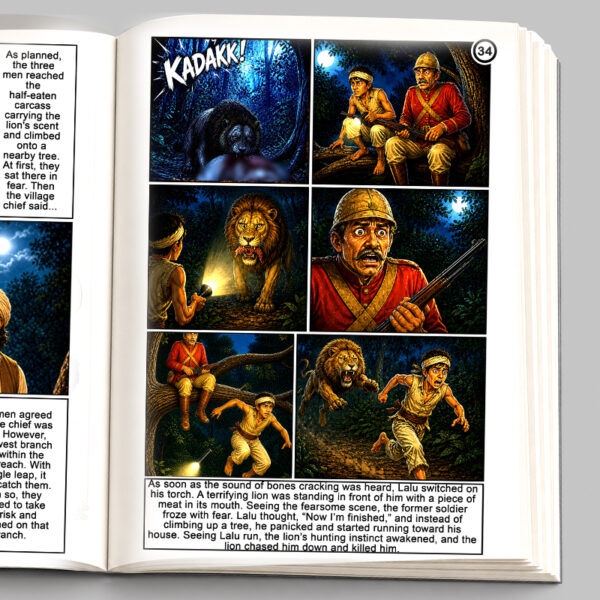 Comic-style illustrated riddle page with the Man-Eating Lion mystery